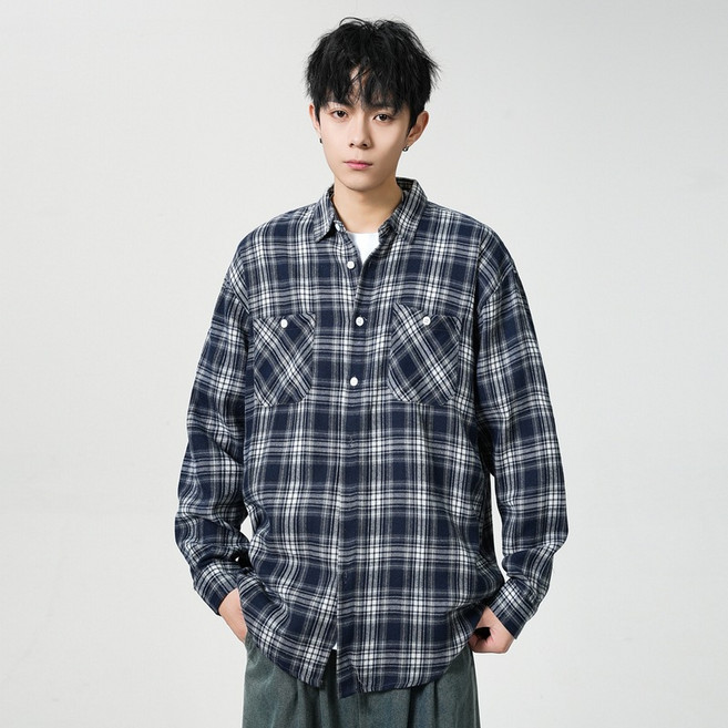스타일닥터 남성용 오버핏 체크 셔츠 봄가을 오버핏 빈티지 체크 긴팔 셔츠 데일리
