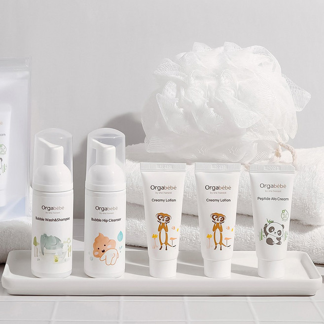 오가베베 유아 여행용 5종 세트 트래블 키트 워시&샴푸(스피아민트)+엉덩이 클렌저+로션2개+크림, 1세트