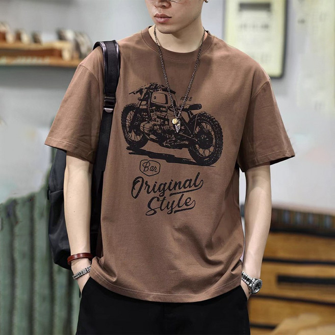 besteffie 간편한 남성 빈티지 라운드넥 개성 프린트 캐주얼 반팔 티셔츠 데일리 면소재 남자 쿨한 스타일 상의 K12