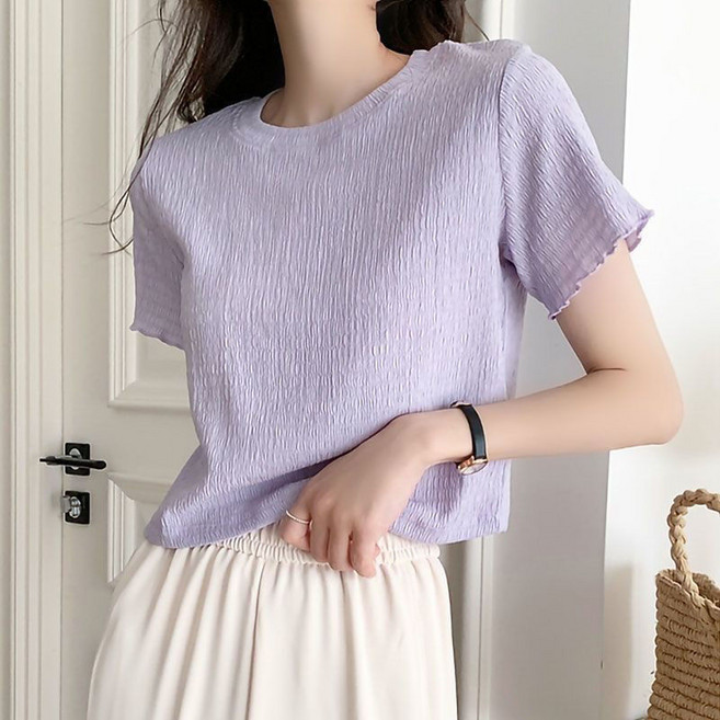 AOKADA 여성 플리츠 라운드 크롭 반팔 티셔츠 프릴 여름 반팔티