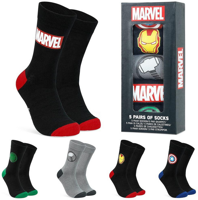 Marvel 남성용 종아리 양말 미국 사이즈 7-11 스포츠용 부드러운 크루 5팩 스파이더맨 데드풀 어벤져스 블랙/그레이.