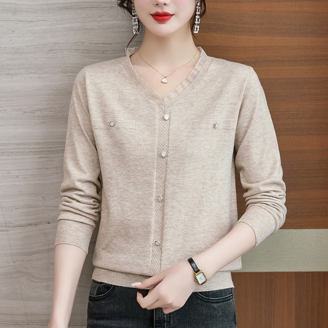 2025년 가을 의류 칼라 니트 스웨터 긴팔 상의 중년 여성용 루즈핏 패셔너블한 얇은 스웨터