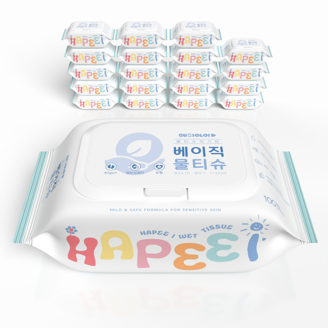 해피아이 초순수 물티슈 100매 20팩 베이직 엠보싱 캡형, 20개, 100개입, 40g