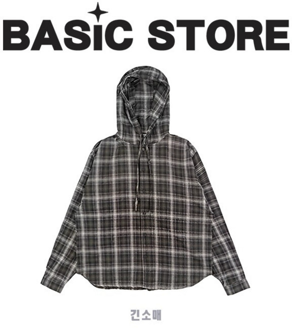 BASIC 韓國連帽格紋襯衫 寬鬆 秋冬襯衫