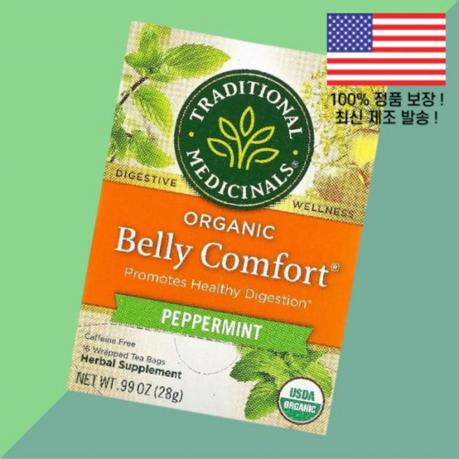 전통 약초 벨리 컴포트 페퍼민트 카페인 프리 포장 티백 16개 0.99온스 28g Traditional Medicinals Organic Belly Comfort Pepperm, 1