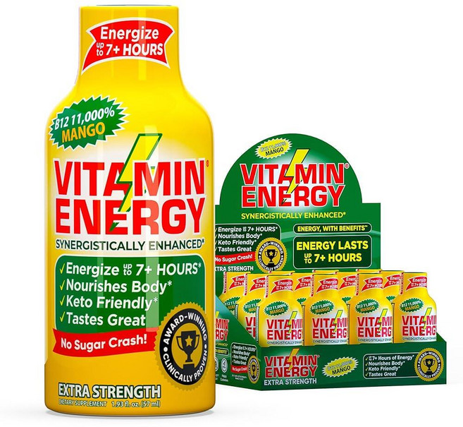 Vitamin Energy Mood+ 엑스트라 스트렝스 에너지 샷 트로피컬 베리 4팩 260mg 천연 카페인 비타민 B 로디올라 카모마일 기분 및 지원 무설탕 글루, 12팩