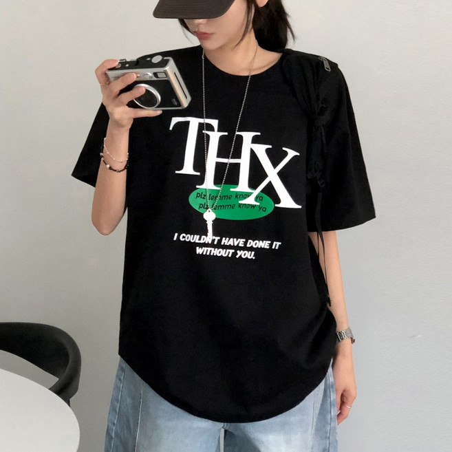 티데일리 남녀공용 땡스 프린팅 오버핏 20수 라운드 반팔 티셔츠