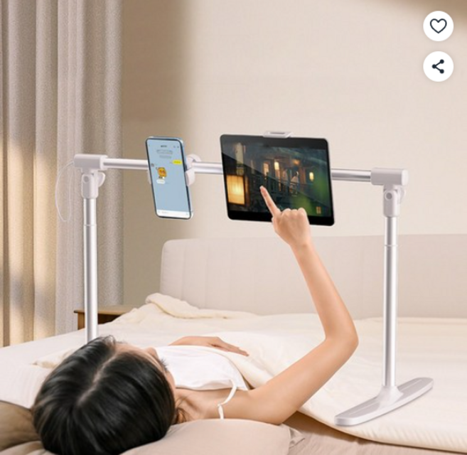 접이식 휴대폰 태블릿 거치대 높이조절 자바라 침대용 듀얼 헤드 스탠드 라이브 방송용, 1개, 화이트, 거치대 세트