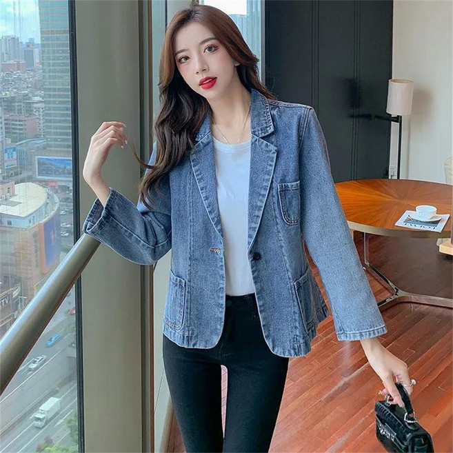 besteffie 여성 청자켓 간절기 데님 코트 블레이저 오버핏 카라 재킷 베이직 배색 E55