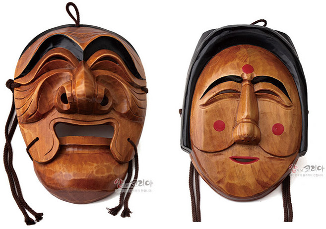 하회탈 특대 양반 부네 세트 목각 전통 탈 장식품 한국 공예품 외국인 선물, 한지포장 - 1개비용