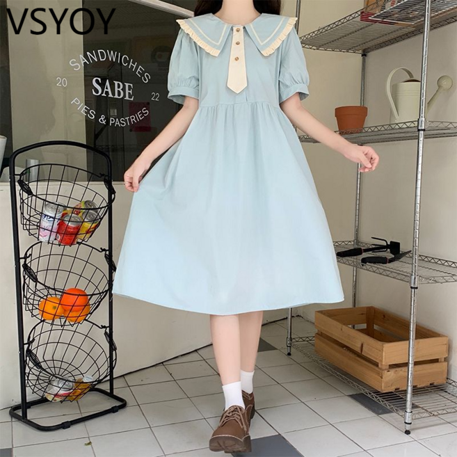 vsyoy 중장 원피스 어린 소녀 여름 원피스 중학교 고등학생 모리 인형 칼라 원피스