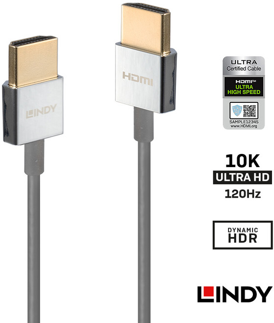 LINDY德商】HDMI2.1 10K@120Hz A公對A公極細8K@120Hz 頂規HDMI傳輸訊號線, 1個, 0.5米=50公分(LD36775)