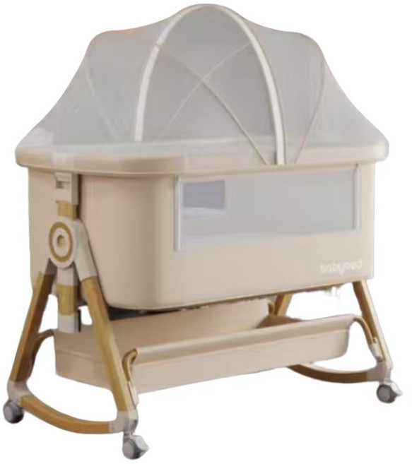 babybed 多功能嬰兒床，可拼接大床與搖籃模式, 木紋鋁-塵光漫染丨標準款A【記憶棉墊+ins風牀笠】席枕套件