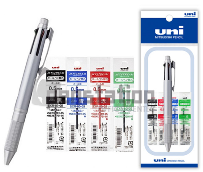 유니 제트스트림 4+1 메탈 멀티펜 리필 세트, 4+1 아이스블루+0.5mm리필(흑1청1적1녹1) 세트
