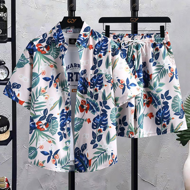 해피유통 여름 남성 트로피컬 프린트 반팔 셔츠 반바지 세트 캐주얼 루즈핏 하와이안 셔츠 LWJ
