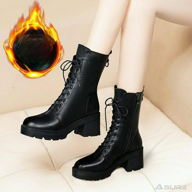 Asure 여성 워커 부츠 레이스업 부츠 미끄럼 방지 굽이 굵다 부츠 6CM