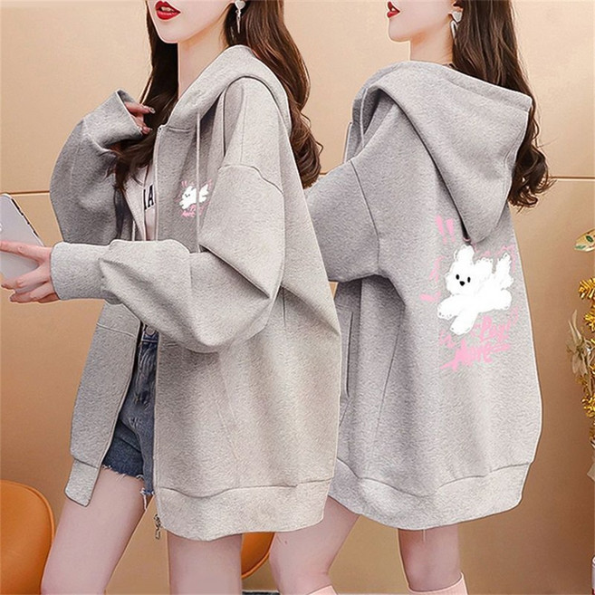besteffie 여성 후드 집업 캐주얼 후드 자켓 귀여운 캐릭터 프린트 루즈핏 무지후드집업 E28