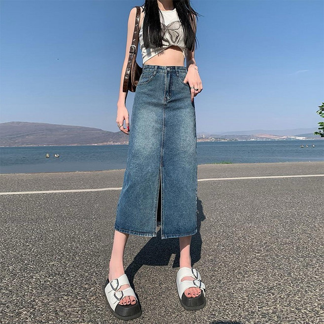 復古牛仔半身裙女 高腰顯瘦前開叉A字包臀中長裙