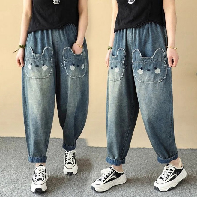 여름 자수 청바지 와이드핏 9부 바지 빅사이즈 배기 바지 캐주얼 데일리룩 통바지 여성밴딩팬츠 D88U