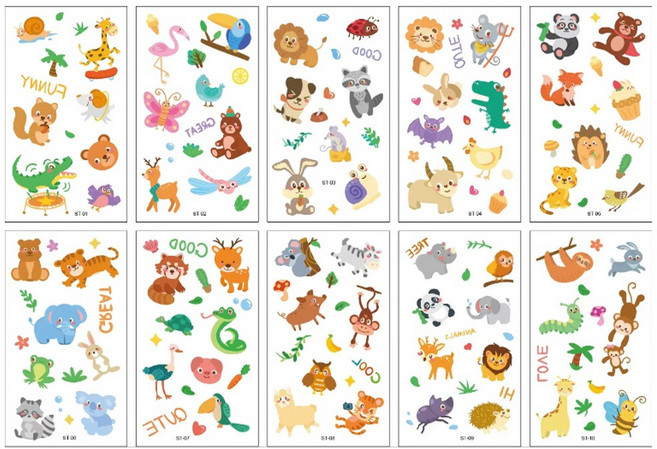 KC인증 숲속나라 어린이 타투스티커 야광 판박이 집콕놀이 소품꾸미기 야외활동 놀이 스티커, 동물 디자인 ST-10종, 1개
