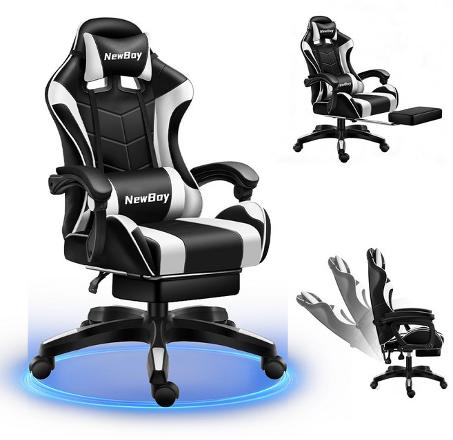 NewBoy 게이밍 의자 발받침 포함 최상의 착석감 책상용 의자 재택근무용 게이밍 의자 누울 수 있는 디자인 인체공학적 다양한 기능, 흑백, 게이밍의자