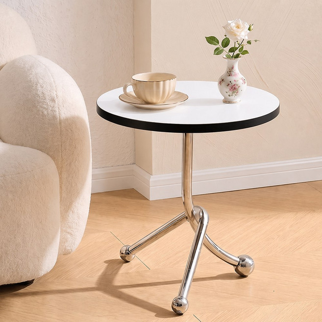 메르하임 홈카페 크롬 원형 사이드테이블, 화이트+블랙띠
