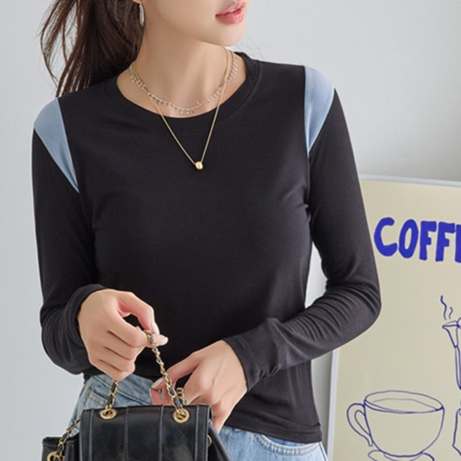 [나크21] (55~88) 어깨 배색 레이온 스판 티셔츠 KO51-T-02