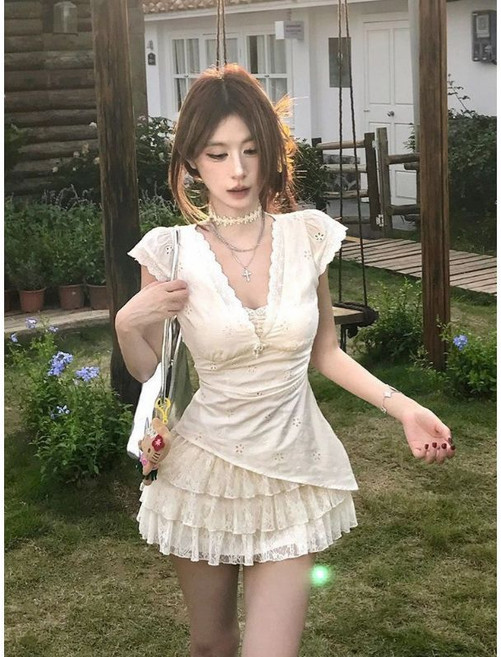 純欲風蕾絲連衣裙 夏季新款V領收腰顯瘦
