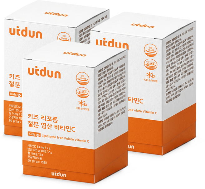 UTDUN 키즈 리포좀 철분 엽산 비타민C 두돌 아기 유아 어린이 초등학생 중학생 철분제 영양제, 3박스, 30회분
