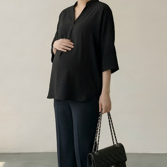 [당일출고] 수엠W 임산부 브이넥 블라우스 빅사이즈 루즈핏 여름 임부복 셔츠 P08 하이드BL