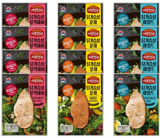 대림 사조안심 닭가슴살 훈제4 + 블랙페퍼4 + 오리지널4, 100g, 12개