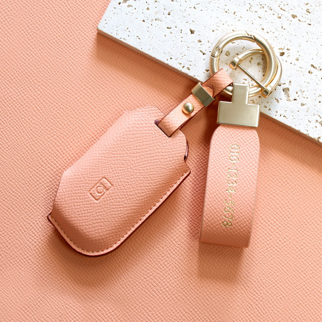 (무료각인)트니르 기아 호환 쏘렌토 MQ4 니로 스포티지 nq5 셀토스 카니발 k8 k7 k5 k3 EV6 모하비 더뉴 레이 차 키케이스 가죽 + 키링 차량용품 키홀더, 기아A타입(5버튼), 피치핑크