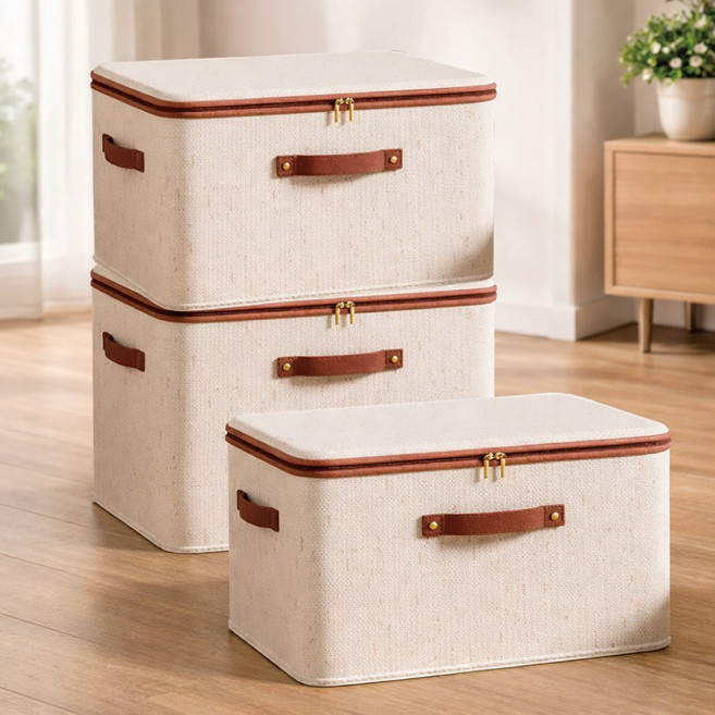 마벨인홈 고급형 각잡힌 이불 옷 정리 수납 리빙 박스, 3개, 브라운베이지