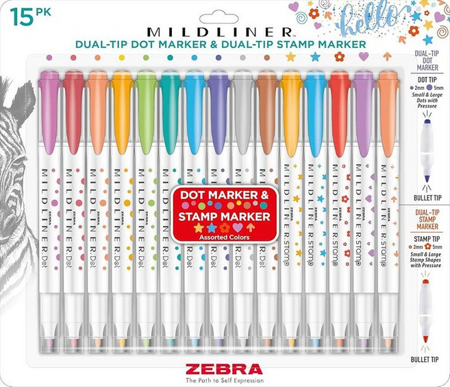 Zebra Pen Mildliner 듀얼 팁 도트 스탬프 마커 수성 안료 잉크 작고 큰 글머리 기호 및 점 만들기 5가지 다양한 색상 저널 불렛 목록에 이상적 5팩(7, 15개 모듬