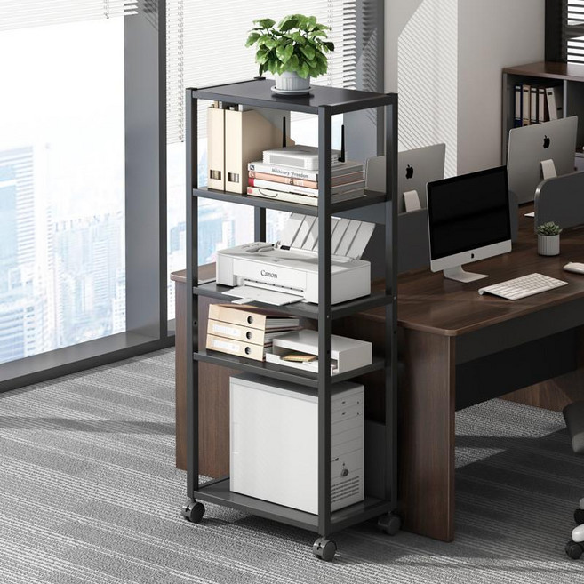 이동식 프린터 선반 컴퓨터 본체 받침대 사무실 수납 테이블, 1개, 2단 업그레이드 라운드 딥월넛+블랙