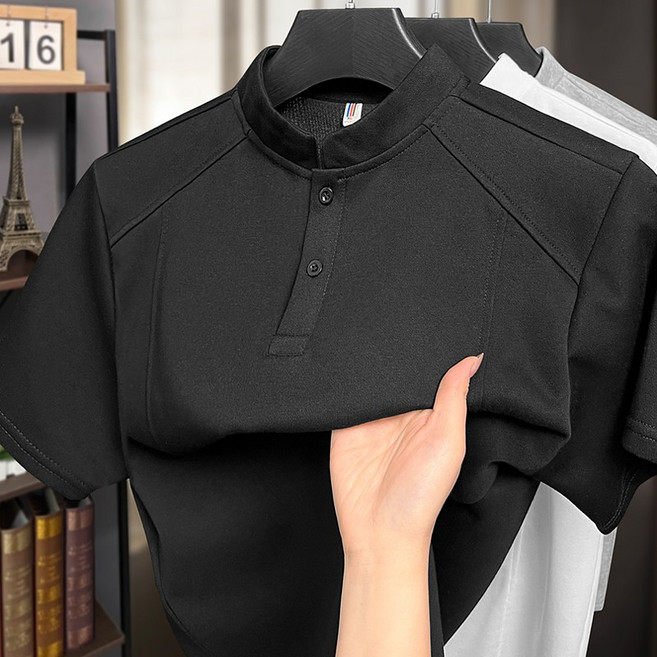 拼接重磅針織半扣領亨利領POLO衫 立領短袖T恤, 黑色