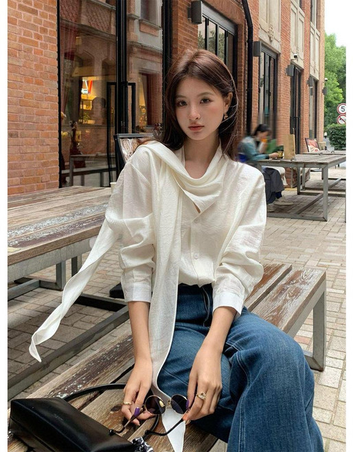 無品牌 時尚百搭 飄帶領 休閒上衣