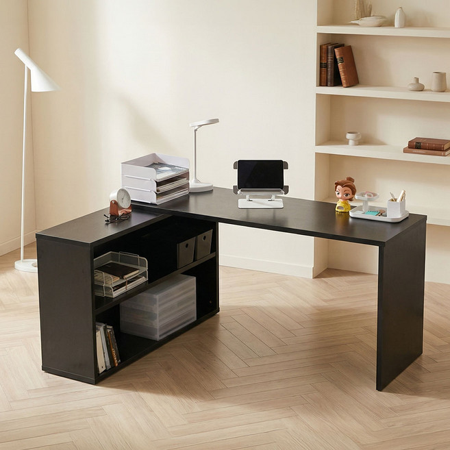 [리비니아] 스노우 1600 와이드데스크 ㄱ자 학생 코너형 책상 일자형책상, 블랙, 책상+책장