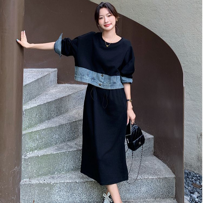 Seofst 여성 블랙 데님 배색 맨투맨 원피스 레이어드 스타일 봄가을