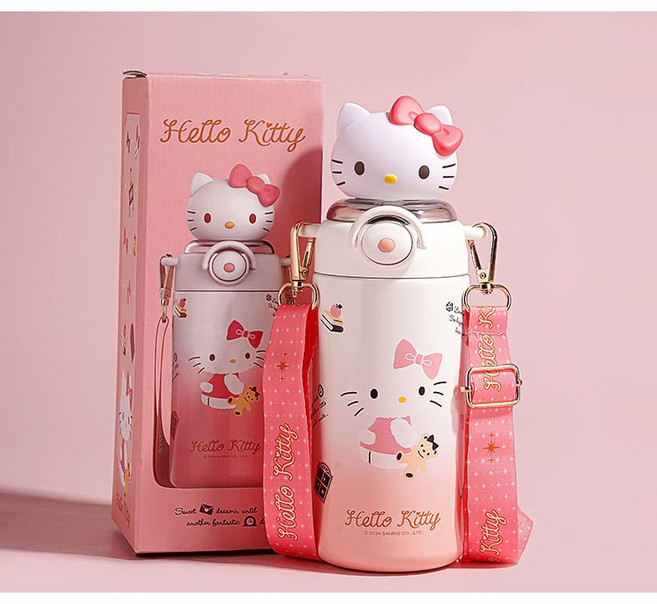 산리오 캐릭터 빨대텀블러 어린이 보온보냉병 스텐물병 휴대용 스트랩, 1개