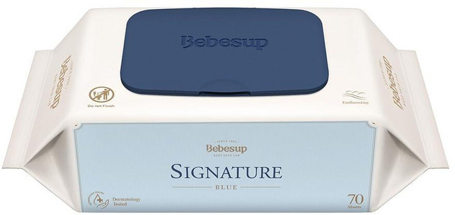 BEBESUP - 한국 최고의 시그니처 아기 물티슈 - 저자극성 수성 무향 알코올 프리 매우 두꺼운 슈퍼 씨앗 추출물 유기농 식물 기반 민감한 피부용 플립 탑 (70개 1팩), Signature (75 GSM- Ultra Thick, 1 Count (Pack of 80)