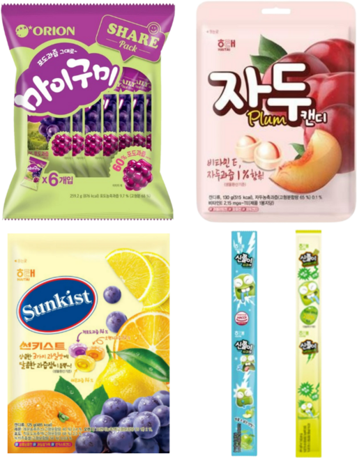 마이구미 포도 259.2g + 자두 캔디 130g + 썬키스트 캔디 125g + 신쫄이 사과맛 24g + 신쫄이 샤인머스캣 24g 5종세트