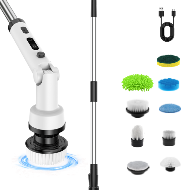 9-in-1 헤드 180도 회전형 다용도 무선 전동 주방 화장실 청소솔, 1개, 흰색