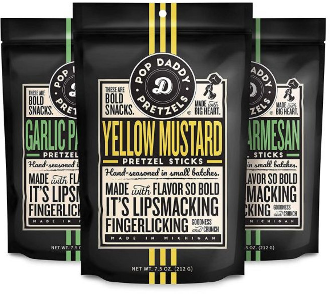 POP DADDY ·POPCORN· 디핑 소스 팝 대디 맛 프레첼 스틱 건강한 고메 7.5온스 다양팩 6개입 마늘 파마산 시나몬 슈가 페퍼콘 랜치 훈제 구다 딜 피클 노란, 마늘 파르메산 (2) / 머스타드, 7.5 온스 (3개 묶음)