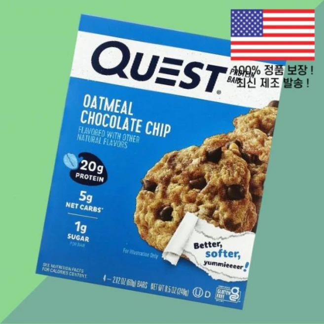 퀘스트 뉴트리션 단백 프로틴 바 오트밀 초콜릿 칩 4개 각 2.12온스 60g Quest Nutrition Protein Bar Oatmeal Chocolate Chip 4 B - 쿠팡