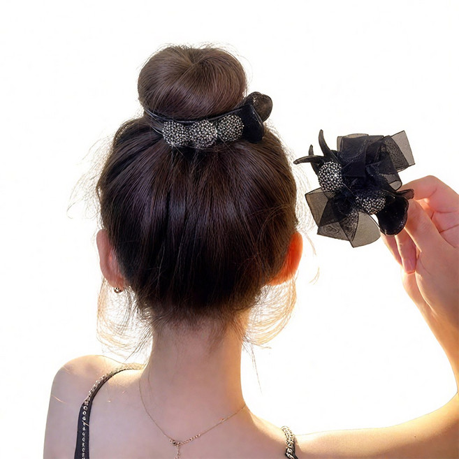 1+1 큐빅 리본 똥머리 헤어 집게핀