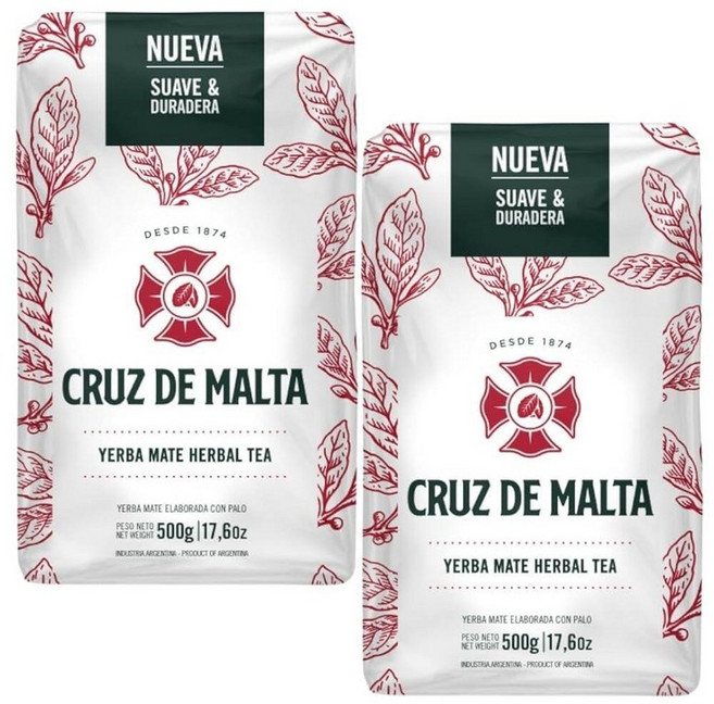 Cruz de Malta Yerba Mate 전통적인 아르헨티나 브루 글루텐 프리 대형 잎 저먼지 | 미국 특정 포장 | (453.6g(1파운드) - 500g) - 2개 팩, 2개들이 팩, 1kg