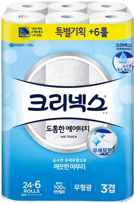 크리넥스 도톰한 에어터치 3겹 롤화장지 27m, 30롤, 1개
