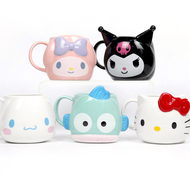 산리오 도기 입체 머그컵 390ml 캐릭터 얼굴 페이스 커피잔 도자기 찻잔 물컵 소장용 굿즈 집들이선물 어린이 여성 선물 생일선물, 쿠로미, 3개