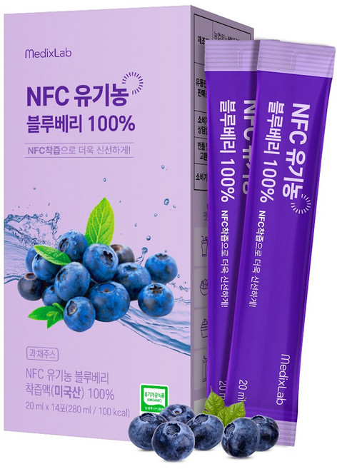 메딕스랩 NFC 유기농 블루베리 100% 착즙액 블루베리즙 스틱, 14개, 20ml